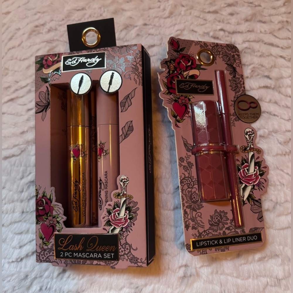Ed Hardy Pink & Gold Mascara, Lipstick and Lip Liner Gift Set
